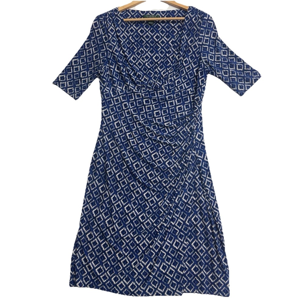 Lauren Ralph Lauren Blue Ikat Wrap Dress Womens 12 Stretch Faux Wrap Knee Length